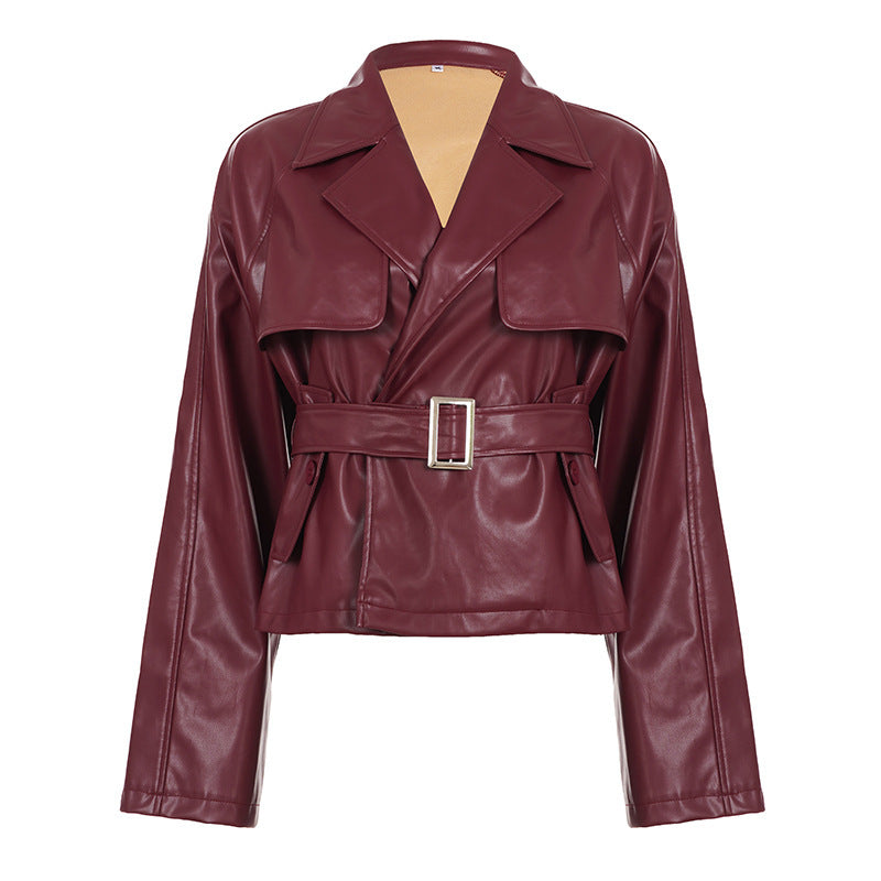 Belted Faux Leather Windbreaker Coat
