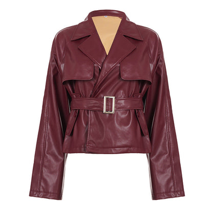 Belted Faux Leather Windbreaker Coat