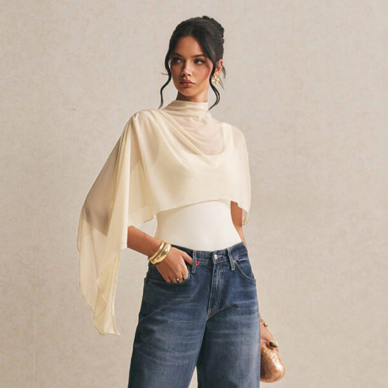 Asymmetric Mesh Shawl Slim Two-Piece Jumpsuit Set