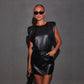 Faux Leather Sleeveless Zip Top & Pocket Hip Skirt Suit