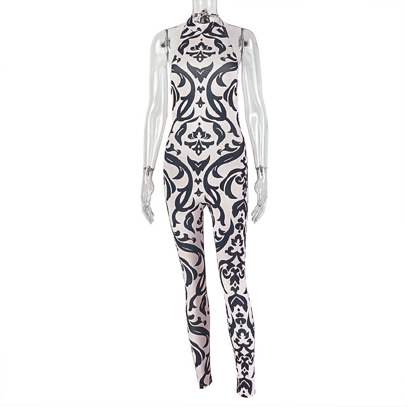 Striped Halter Turtleneck Backless Print Long Jumpsuit