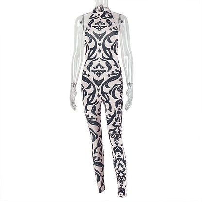 Striped Halter Turtleneck Backless Print Long Jumpsuit