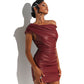 Faux Leather Diagonal Collar Pleated Sheath Dress