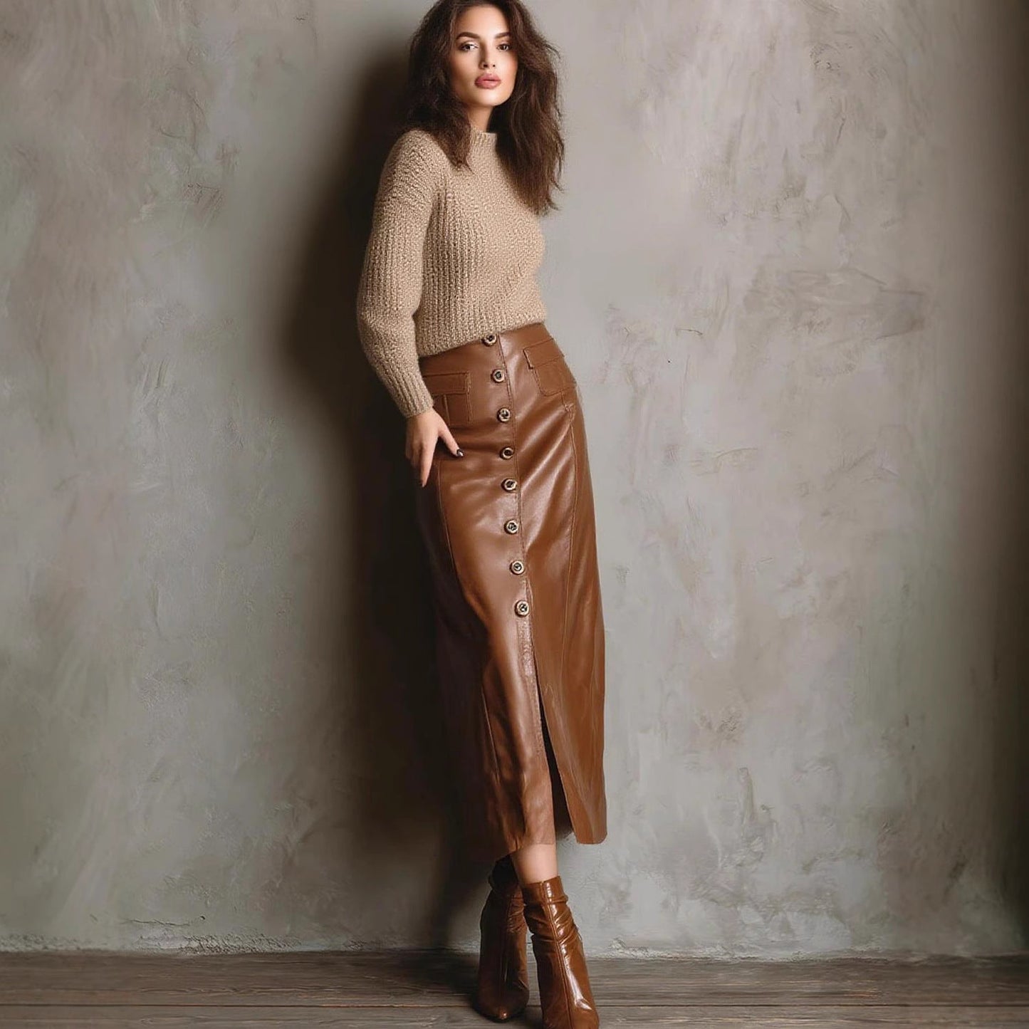 Button Slit Slim High Waist Faux Leather Long Sheath Skirt