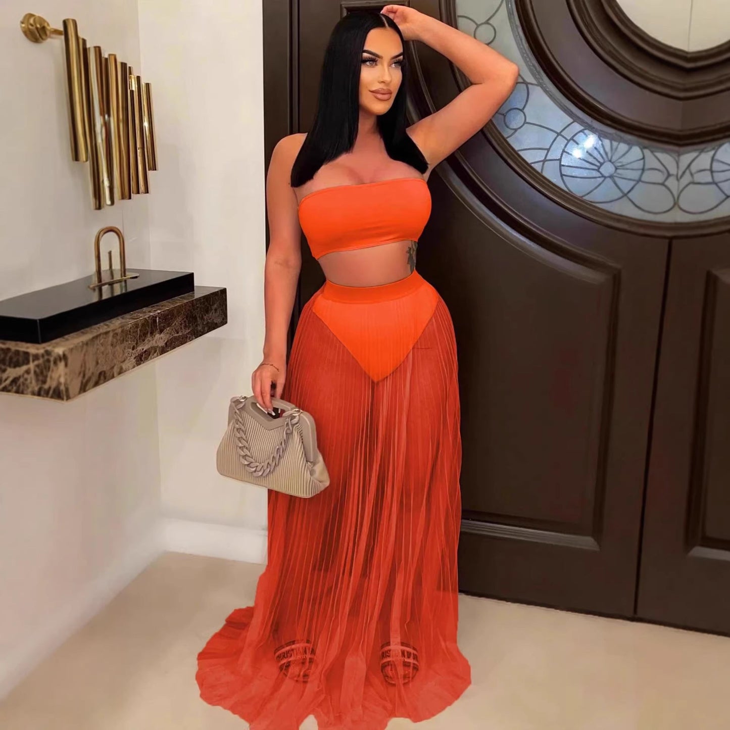 Mesh Pleated Wrap Chest Swimsuit Three-Piece Set