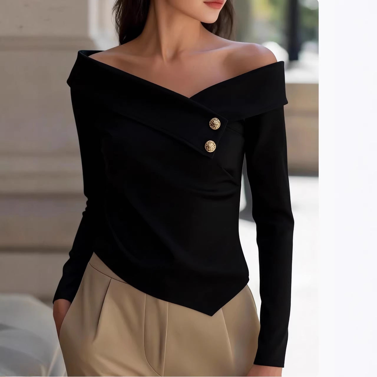 Off-Shoulder Elegant Long Sleeve Solid Bottoming Top