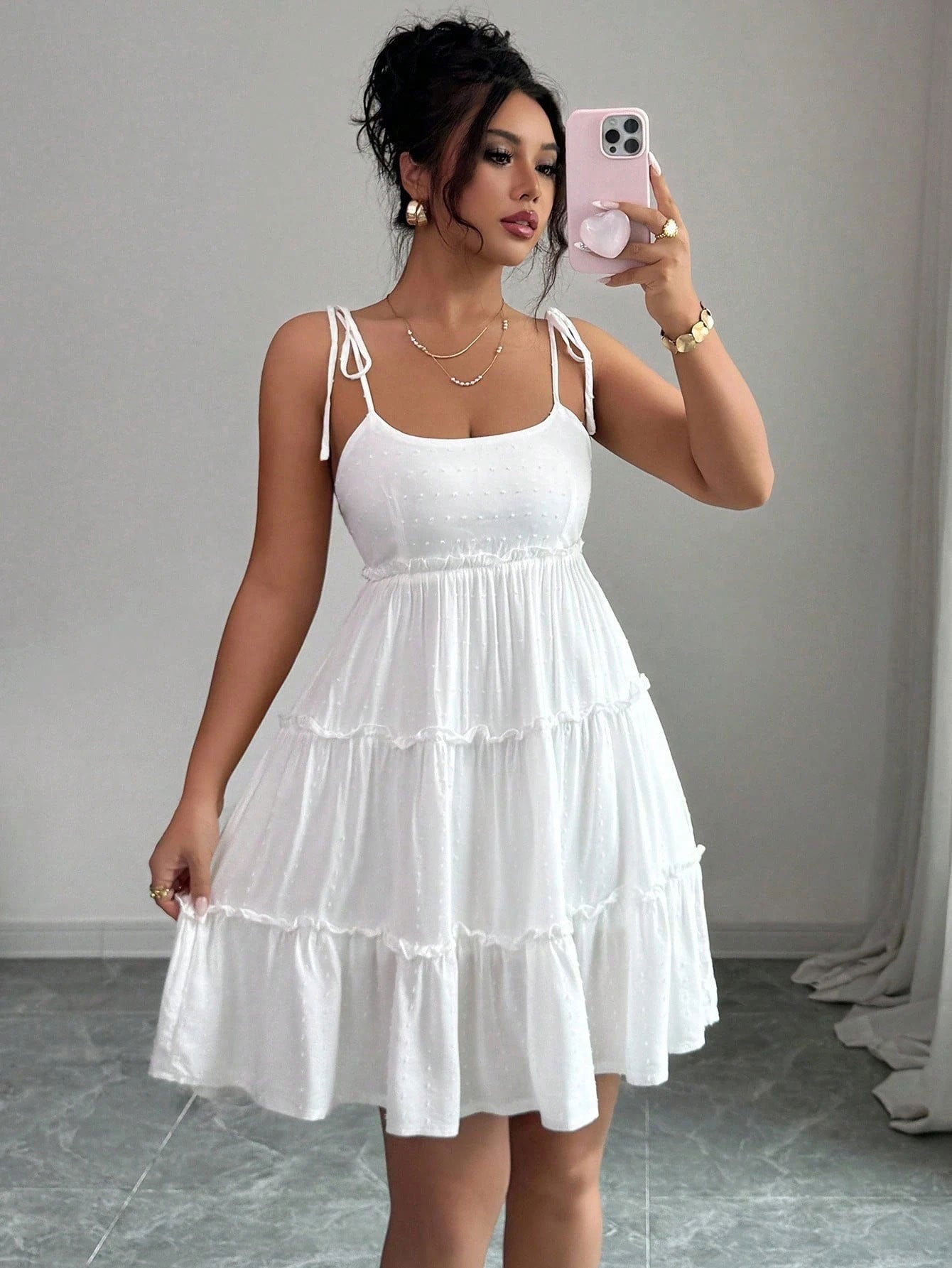 French Tied Suspender Tiered Mini Dress