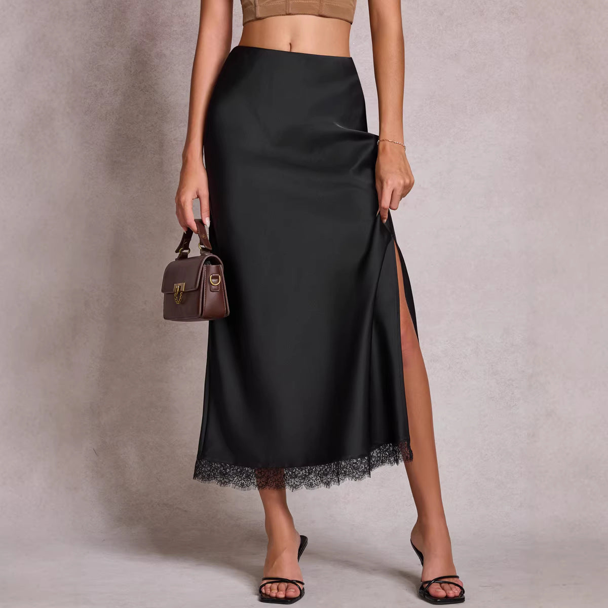 Satin Lace Split High Waist Sexy Pencil Skirt