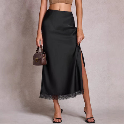 Satin Lace Split High Waist Sexy Pencil Skirt