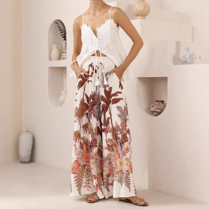 Leaf Print Casual Loose Wide Leg Pants