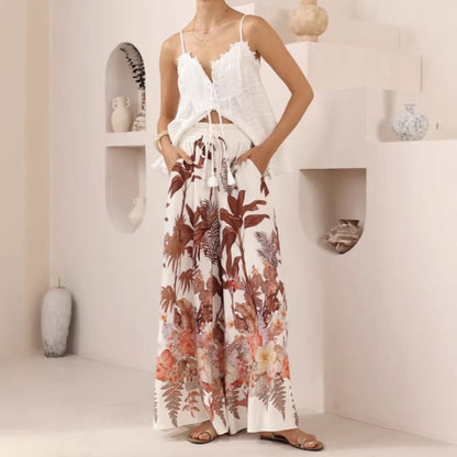 Leaf Print Casual Loose Wide Leg Pants