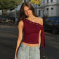 Grommet One-Shoulder Ribbon Solid Casual Top
