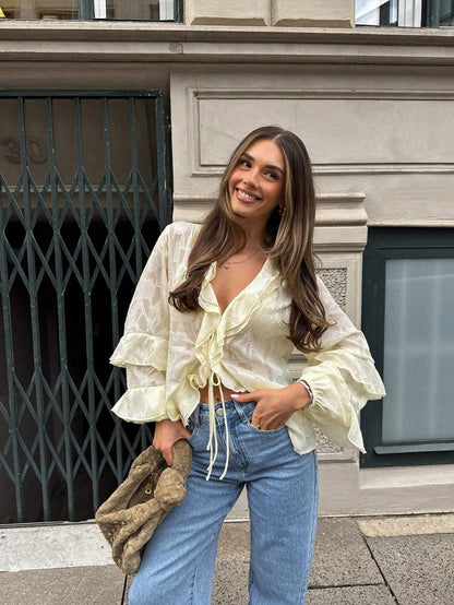 French Ruffle Lace Flared Sleeve Cardigan