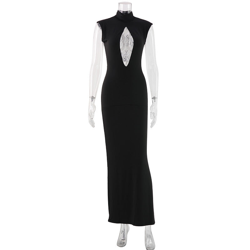 Stand Collar Chest Hollow-Out Mesh Stitching Maxi Dress