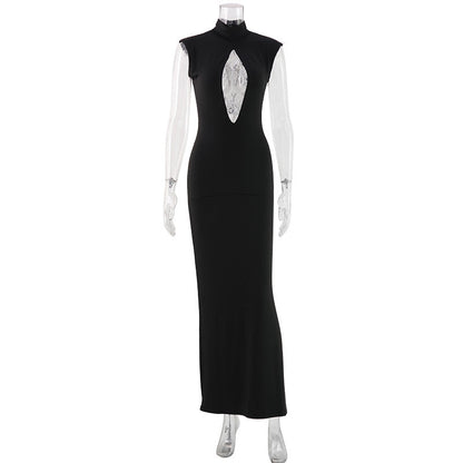 Stand Collar Chest Hollow-Out Mesh Stitching Maxi Dress
