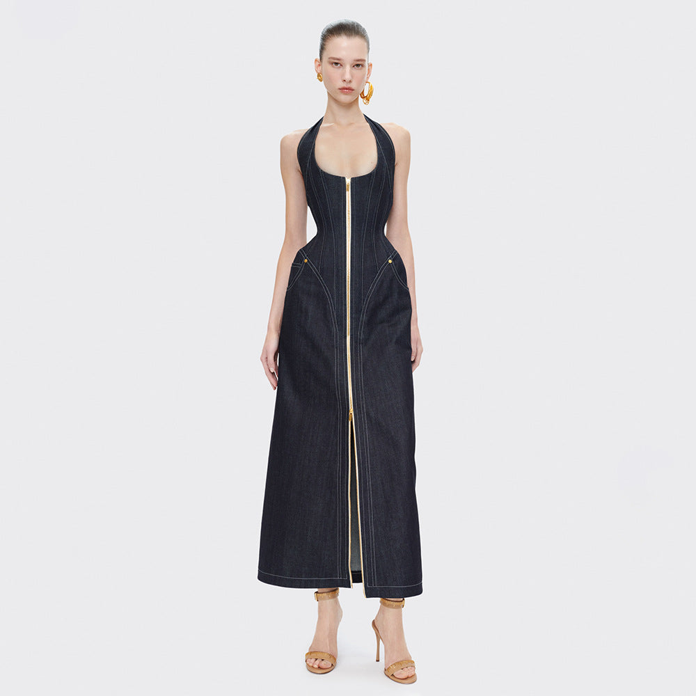 Denim Halter Sleeveless Slim Backless Sheath Dress