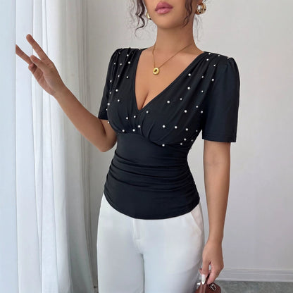 V-Neck Loose Casual Short Sleeve Pullover Top