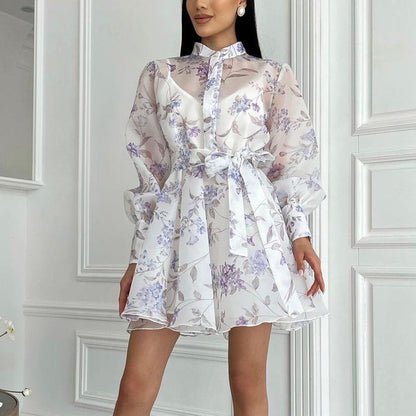 Lace Print Stand Collar Long Sleeve Dress