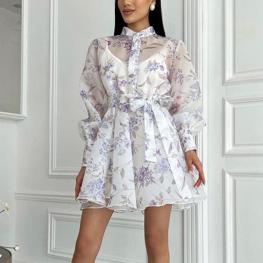 Lace Print Stand Collar Long Sleeve Dress