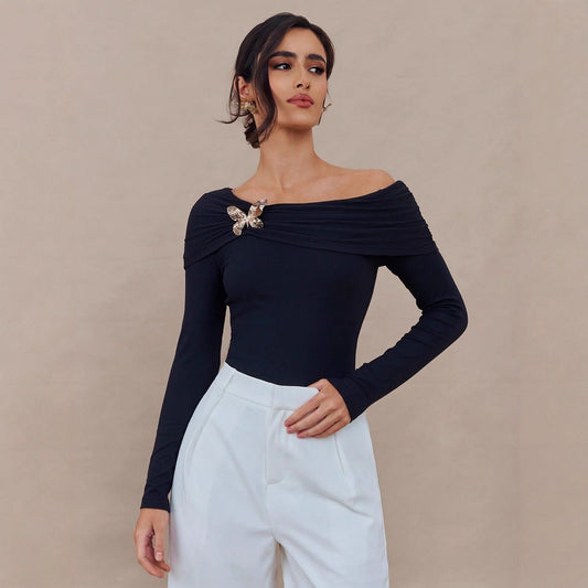 Off-Shoulder Butterfly Brooch Slim Long Sleeve Top