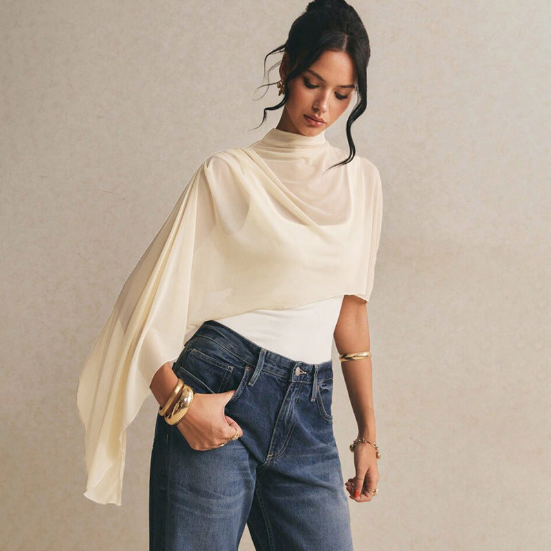 Asymmetric Mesh Shawl Slim Two-Piece Jumpsuit Set