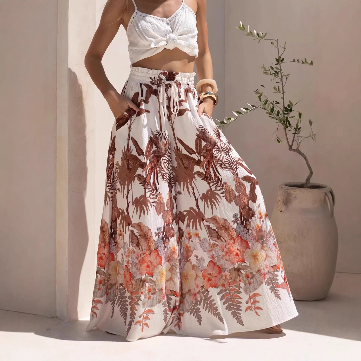 Leaf Print Casual Loose Wide Leg Pants