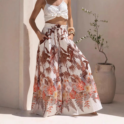 Leaf Print Casual Loose Wide Leg Pants