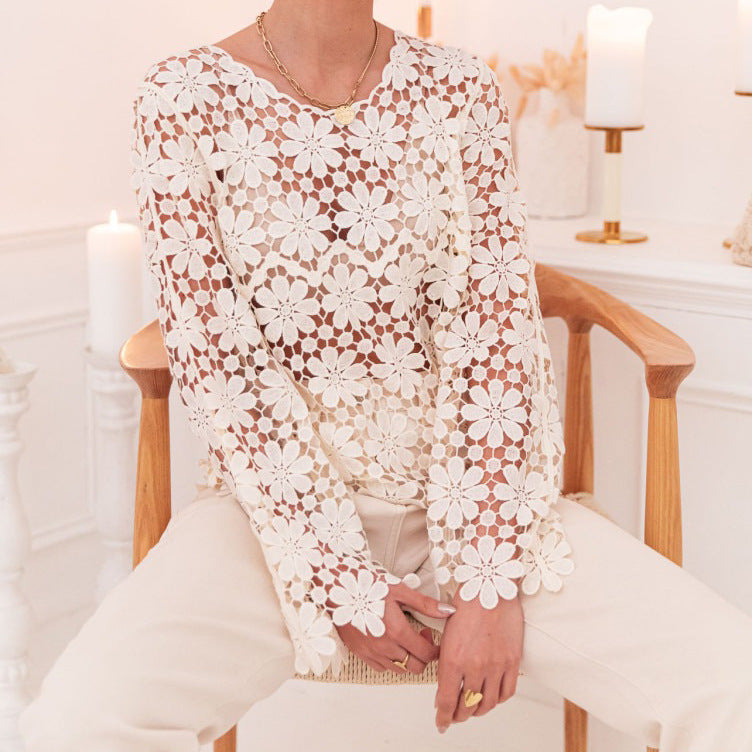 Retro Striped Embroidered Flounce Sleeve Collared Shirt