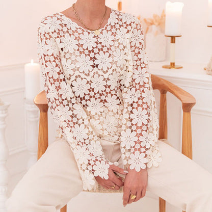 Retro Striped Embroidered Flounce Sleeve Collared Shirt