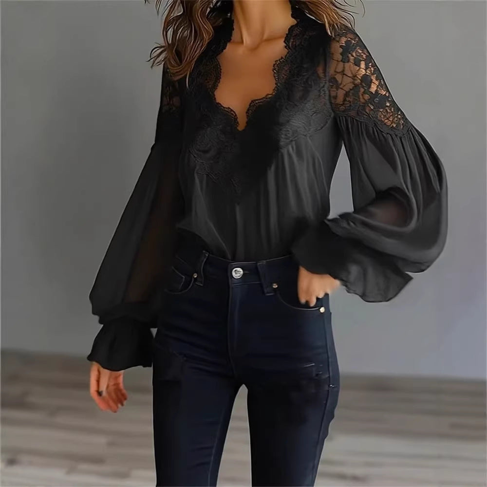 Lace Puff Sleeve Pleated Blouse