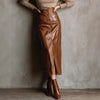 Button Slit Slim High Waist Faux Leather Long Sheath Skirt