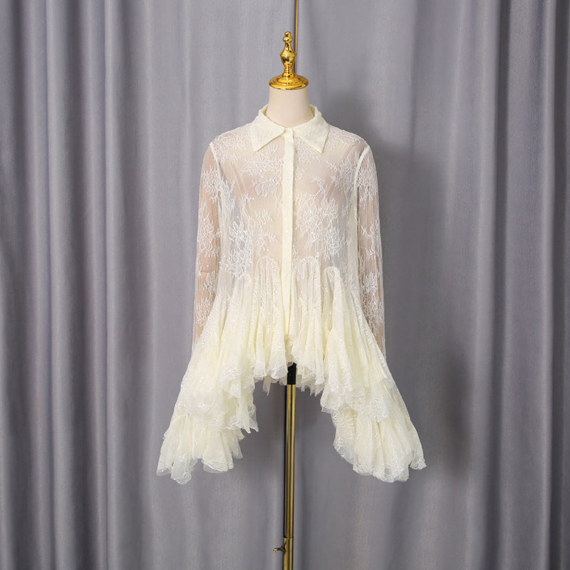 Polo Collar Single-Breasted Lace Stitching Waist-Controlled Long Sleeve Mini Dress