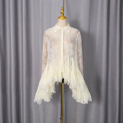 Polo Collar Single-Breasted Lace Stitching Waist-Controlled Long Sleeve Mini Dress
