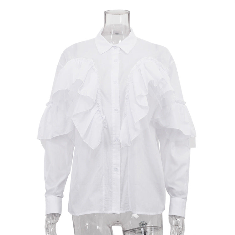 French Ruffle Polo Collar Cotton Office Shirt