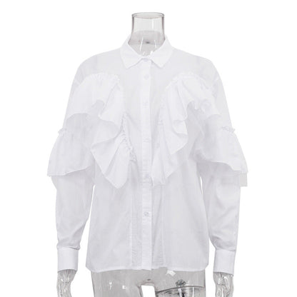 French Ruffle Polo Collar Cotton Office Shirt