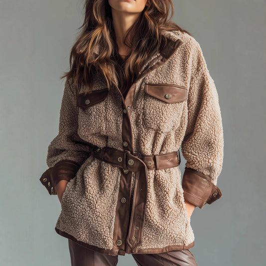 Lamb Wool Faux Leather Pocket Belt Retro Coat