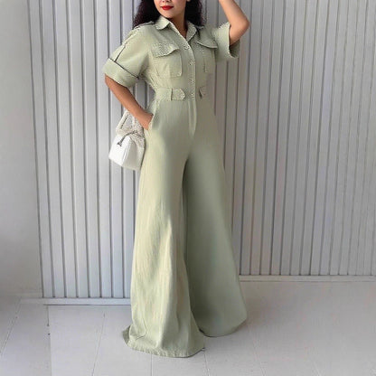 Collared Waist-Tight Wide Leg Slimming Jumpsuit