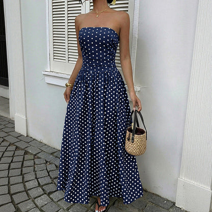 Retro Polka Dot Sleeveless Tube Top Maxi Dress