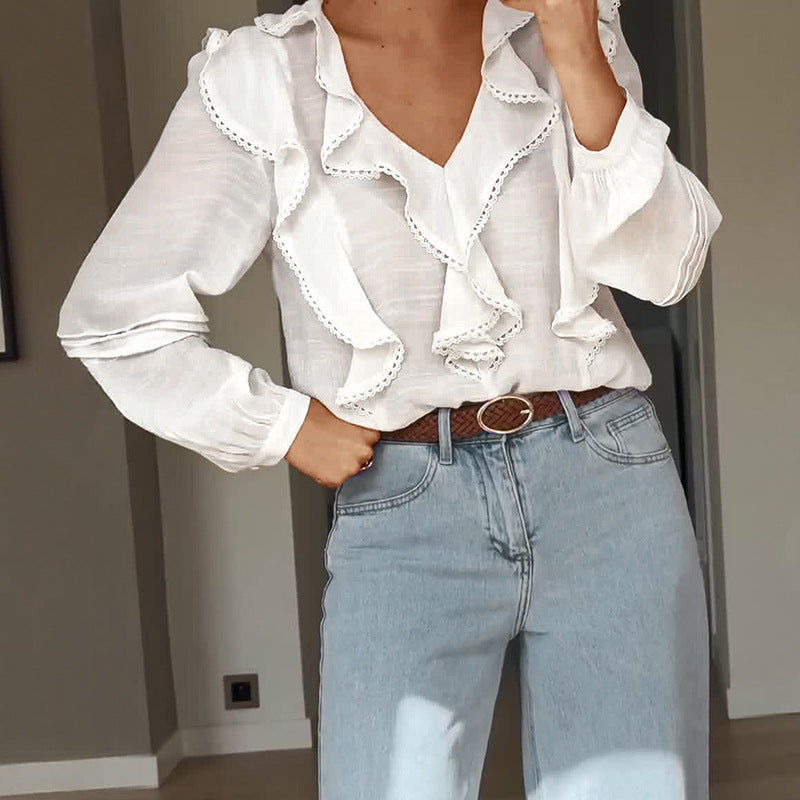 French Pastoral Lace Ruffle V-Neck White Shirt