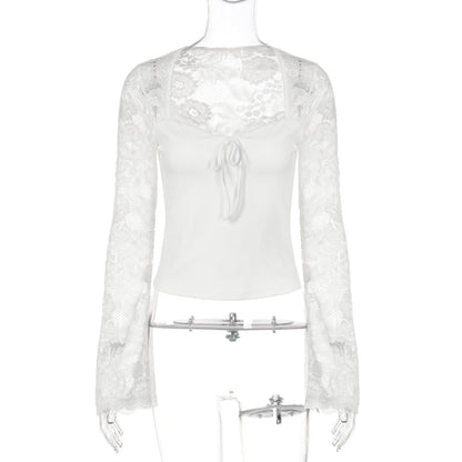 Women Clothing Autumn Winter Sexy Lace Stitching See through Lace up Long Sleeve Tops