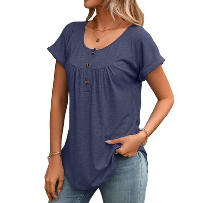 Solid Round Neck Button Loose Short Sleeve Tee