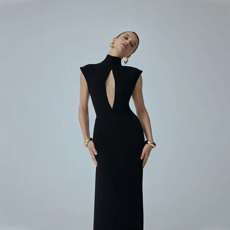 Stand Collar Chest Hollow-Out Mesh Stitching Maxi Dress