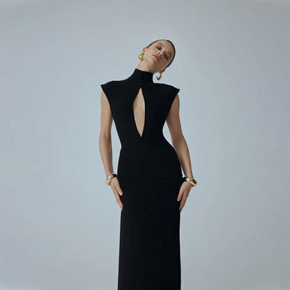 Stand Collar Chest Hollow-Out Mesh Stitching Maxi Dress