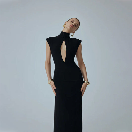 Stand Collar Chest Hollow-Out Mesh Stitching Maxi Dress