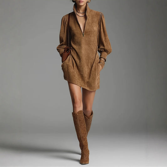Solid Color Long Sleeve Zip Stand Collar Retro Dress