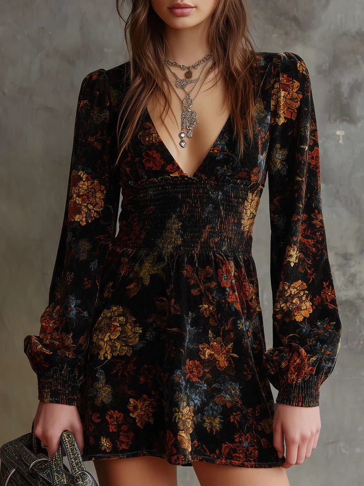 Floral Print V-Neck Velvet Waist-Trimming Long Sleeve Mini Dress