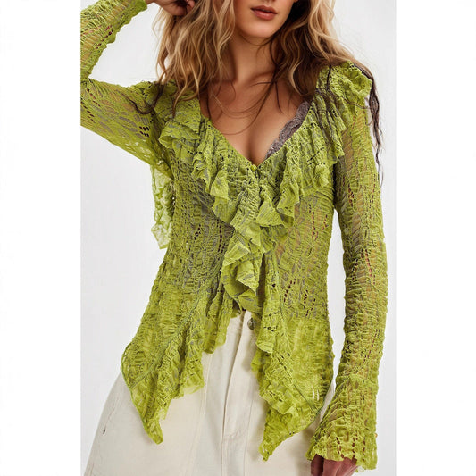 Lace V-Neck Ruffle Cardigan Short Knit Top