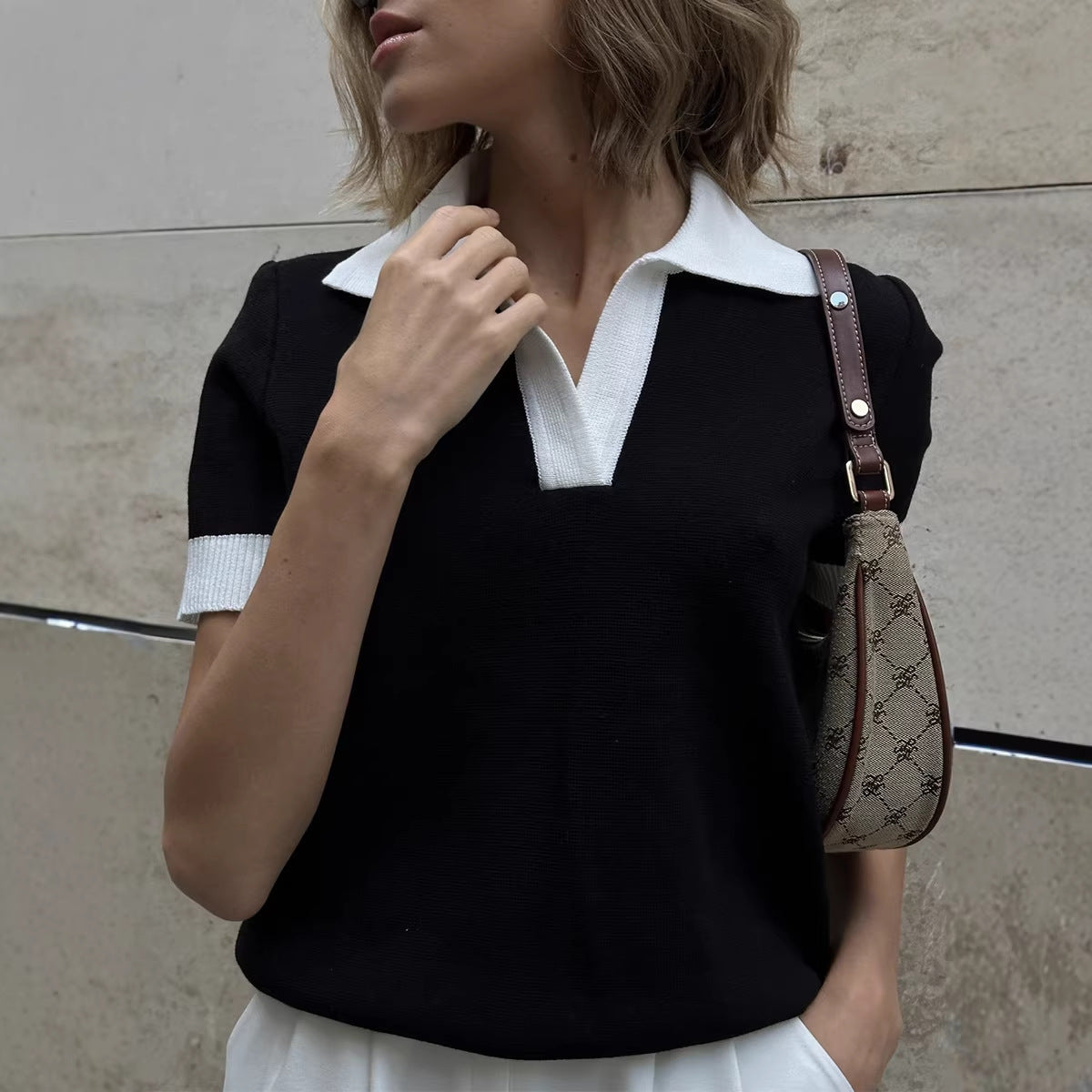 Polo Collar Contrast Color Slim Knit Short Sleeve Top