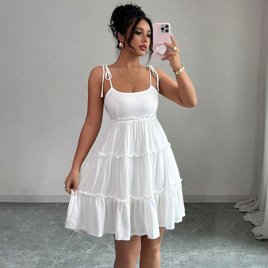 French Tied Suspender Tiered Mini Dress