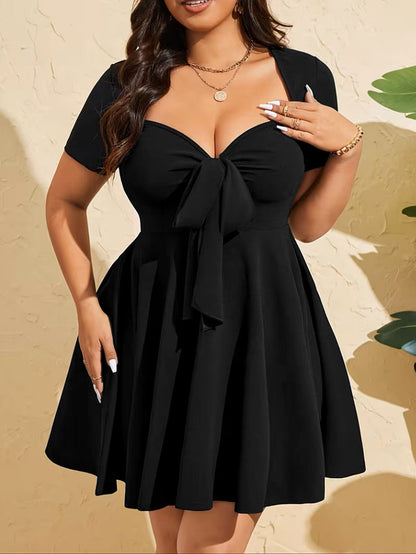 Black V-Neck Pinch Pleated Lace-Up Short Sleeve A-Line Mini Dress